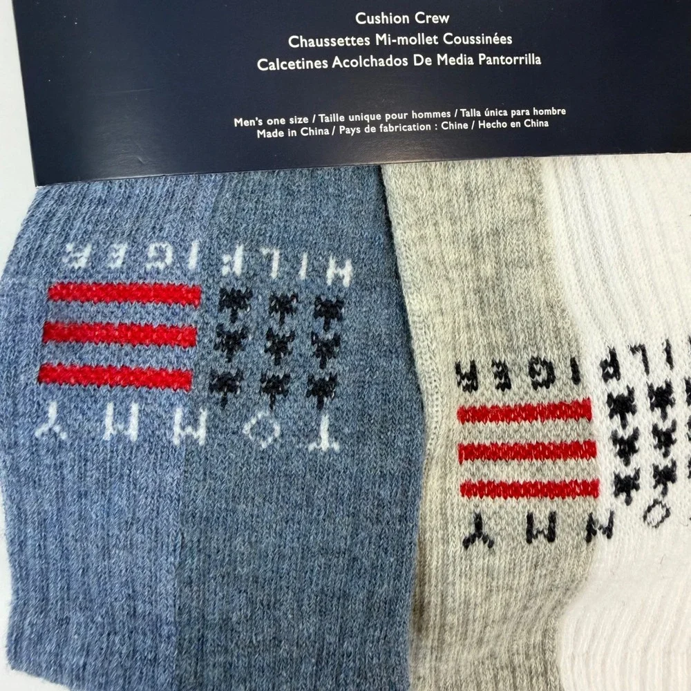 Tommy Hilfiger Mens 5 Pair Cushion Crew Socks Heather Blue White Red Flag NEW